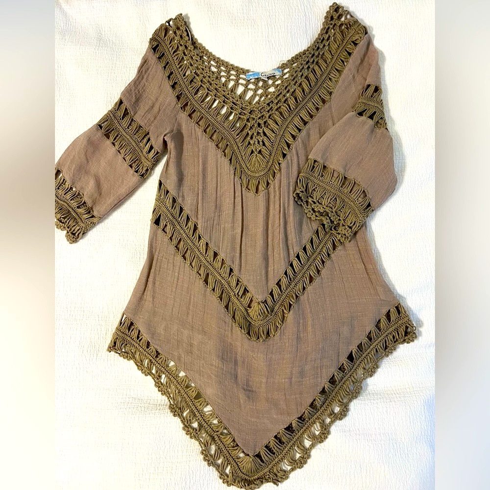 Brown Tunic with Crochet Trim and Relaxed Fit